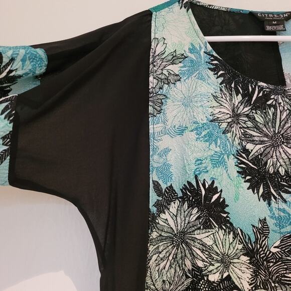 Citron Aqua Floral Pullover Silk Top with Sheer Black Asymmetric Panel, Sz Med - Picture 3 of 8